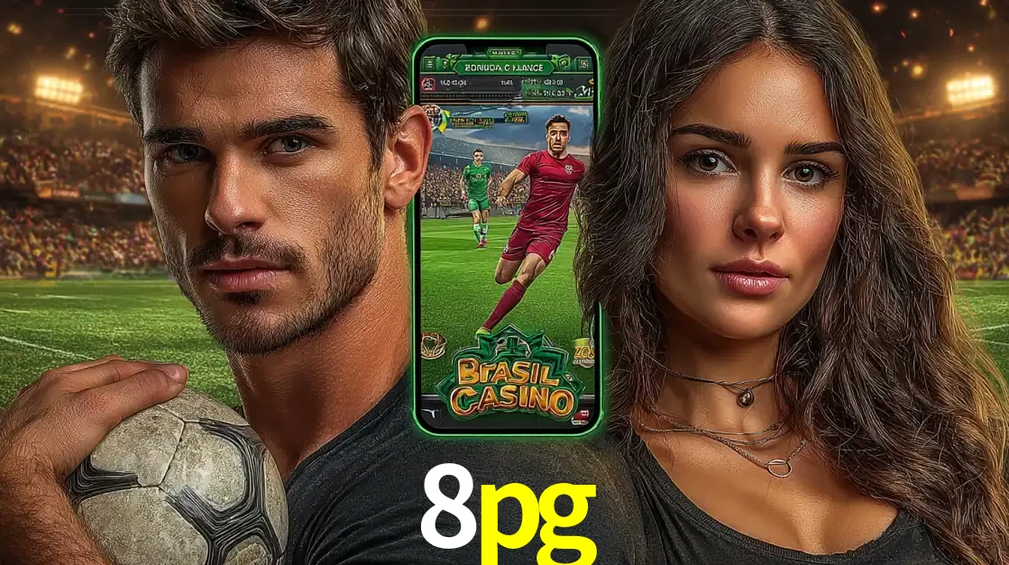 Homem segurando uma bola de futebol e uma mulher ao lado de um smartphone exibindo o jogo de apostas esportivas da 8pg. Faça seu palpite no cassino online.